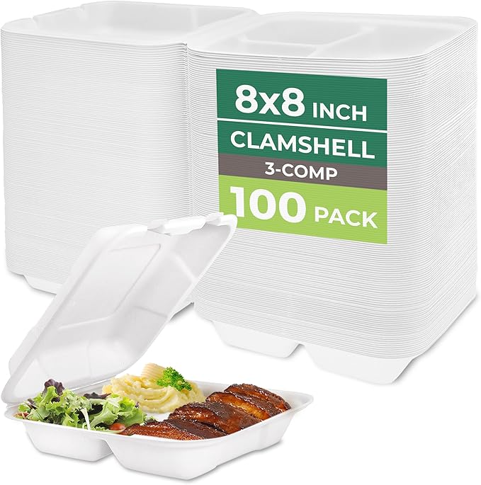 Freshware Clamshell Food Containers with Lids [8x8"] 3-Compartment 100-Pack, Disposable To Go Containers, Biodegradable Sugarcane To Go Boxes - Paper Container - Microwave & Freezer Safe, Stackable