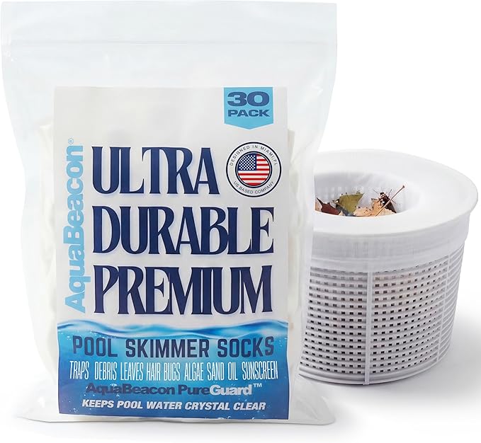 Aquabeacon® Premium 30-Pack Original Longer Lasting Pool Skimmer Socks with Aquabeacon PureGuard, Ultrafine Mesh Perfect Pool & Spa Savers for Filters, Baskets, and Skimmers