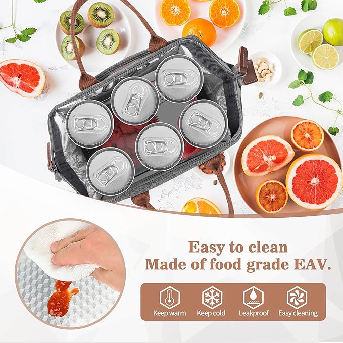 LOKASS Lunch Bag Insulated Lunch Box Wide-Open Lunch Tote Bag Large Drinks Holder Durable Nylon Snacks Organizer with Removable Shoulder Strap for Women Men Adults Work Outdoor,Grey