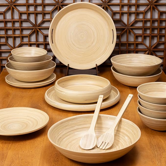 LEXA 12" Handmade Bamboo Salad Bowl – 130 oz Large Wooden Fruit Bowl for Kitchen Counter, Natural Bamboo, Pack of 2