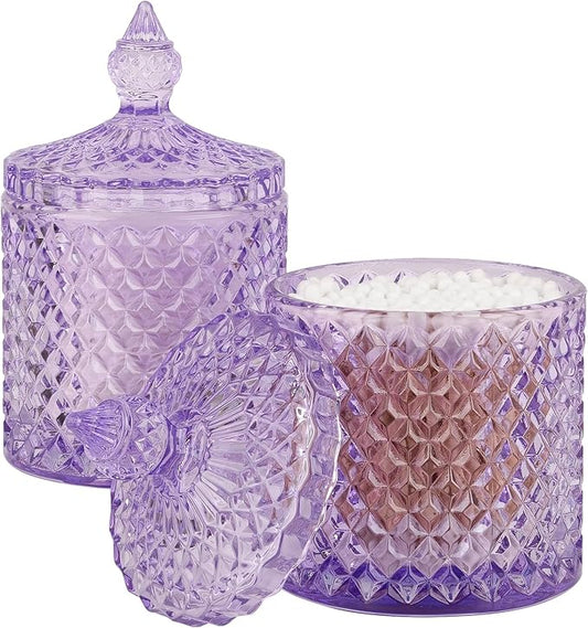 2 Pack Qtip Holder Thick Glass Apothecary Jars with Lid for Bathroom Decor Storage Organizer for Cotton Swabs, Balls, Pads, Floss Picks, Candy, Jewelry, Purple