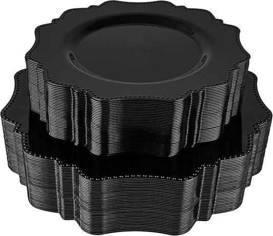 COLOSUS 100pcs Black Plastic Plates - Heavy Duty Black Plastic Plates Disposable for Party/wedding/New Year Include 50pcs Dinner Plates and 50pcs Dessert Plates.