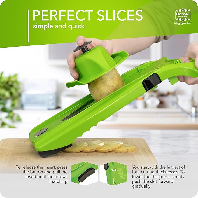 Mandoline Food Slicer Börner V5 (Basic Set) by Reston Lloyd • V-Slicer with Food Holder • Made in Germany • Fruit & Vegetable Chopper • Multiple Settings • Color: Lime