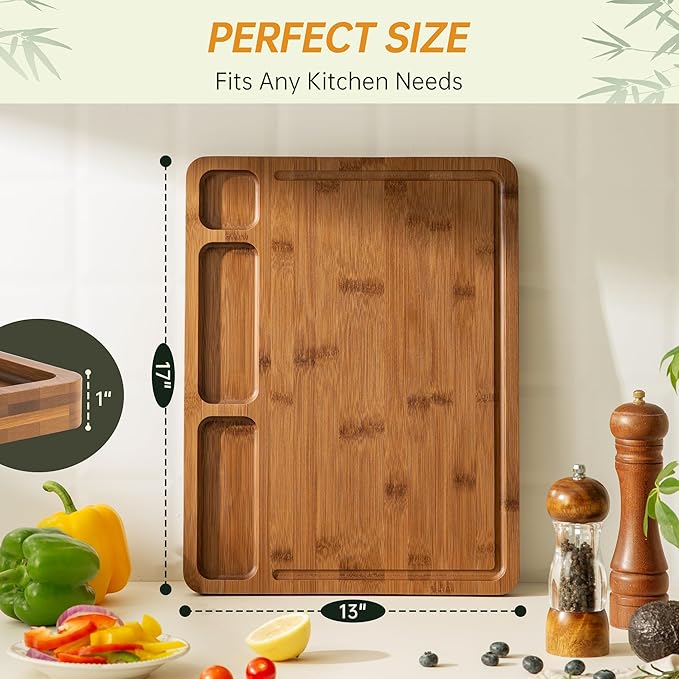 Carbonized Bamboo Cutting Boards for Kitchen, 1"Thickened Cutting Board with Juice Groove, Large Butcher Block with Handle, Wood Charcuterie Chopping Board for Prep & Serving Tray, 17" x 13"