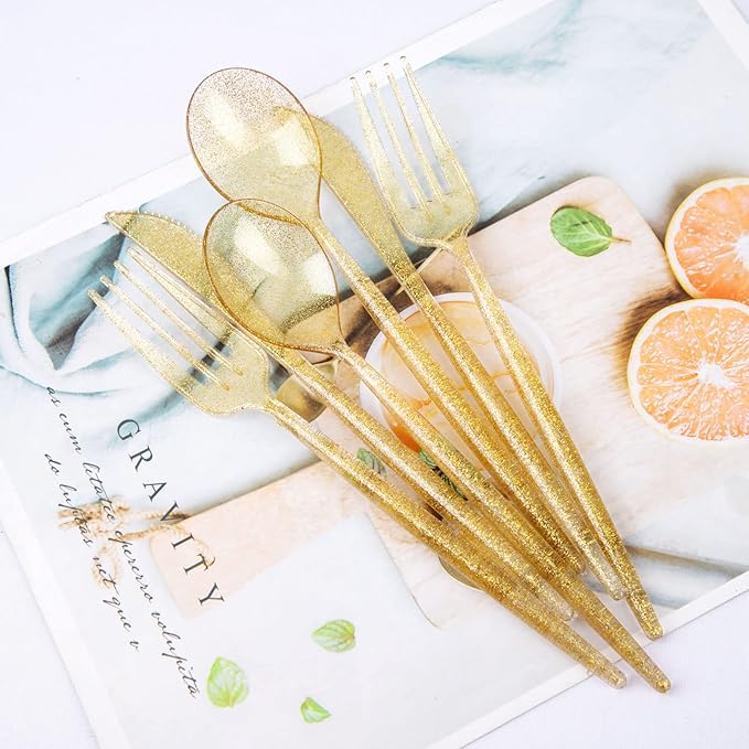 Supernal 180pcs Gold Plastic Silverware Durable Plastic Silverware Gold Glitter Color Party Cutlery Disposable Flatware Heavy Duty Include 60 Forks,60 Knvies,60 Spoons for Wedding,Birthday (Pack of 2)