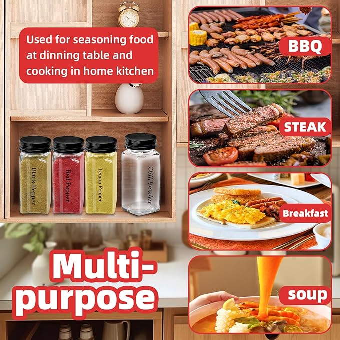 4Pcs 4 oz Square Glass Spice Jars with Label, Empty Containers with black iron Lids, Square Seasoning Containers Trial and Supplement Set, Small Seasoning Bottles for Salt, Herbs, Sugar, Pepper (4)