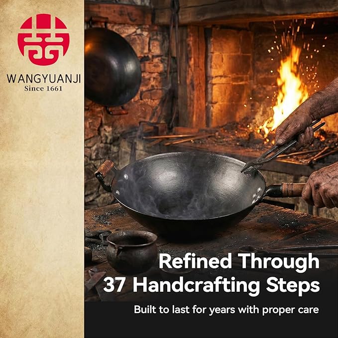 WANGYUANJI 12.6” Cast Iron Wok with Glass Lid – Traditional Round Bottom Chinese Wok for Gas Stove & Open Flame (Wok Ring Required) – Uncoated Clay-Mold “Turtle Shell” Texture – Seasoning Needed