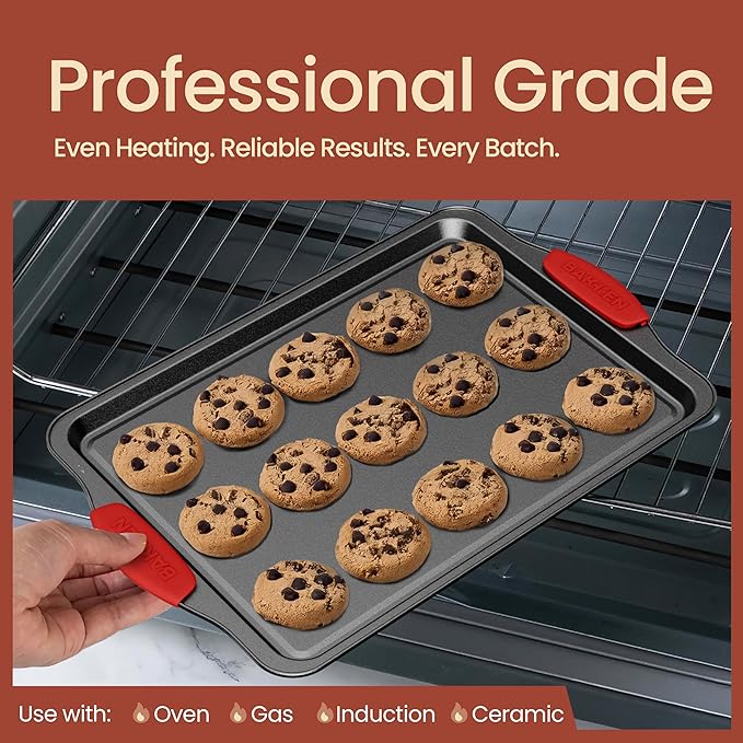 BAKKEN Cookie Sheets for Baking Nonstick Set - 3-Piece Stackable Carbon Steel Baking Sheet Pans Set with Silicone Handles, Non Toxic Cookie Sheets for Baking Bakeware Set - Gray Marble