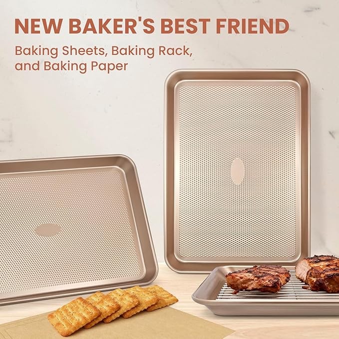 Baking Set, 2 Piece 17'' Baking Sheet Set and 250 Parchment Combo, Non-Stick Cookie Sheet with Baking Parchment, Heavy Duty & Warp Resistant Baking Tools, No Rust Large Baking Pan