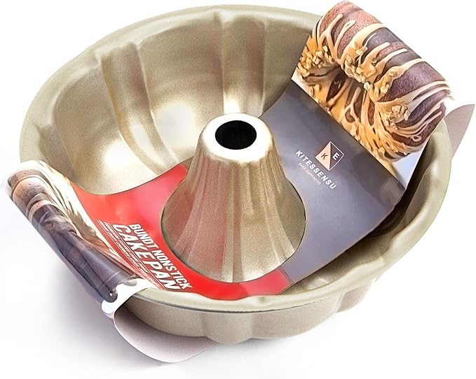 KITESSENSU 9 inch Non-Stick Cake Pans, 12 Cups Premium Fluted Cake Pans for baking, Heavy Duty Carbon Steel Tube Pan Baking Mold, Champagne Gold