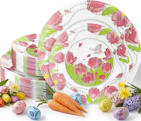 Hioasis 60pcs Plastic Disposable Plates Set - Pink Tulip & Butterfly Pattern with Pearl Trim, 10.25 Dinner & 7.5 Dessert Plates for Wedding,Anniversary,Party and Holiday