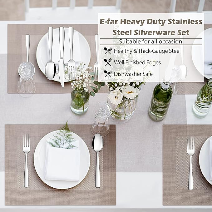 E-far Heavy Duty Silverware Set for 12, 60-Piece Stainless Steel Flatware Cutlery Set, Thick Metal Tableware Eating Utensils Include Forks Spoons Knives, Square Edge & Mirror Polished, Dishwasher Safe
