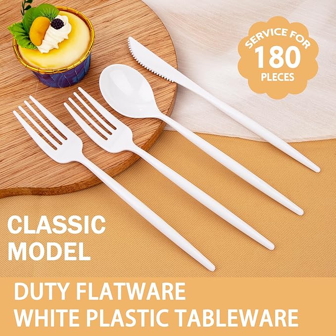 Supernal 180PCS White Plastic Silverware,White Utensils Set Disposable,Disposable Silverware Include 60 Forks,60 Knives,60 Spoons,Heavy Duty Party Cutlery for Birthday,Dinner,Wedding (Pack of 2)