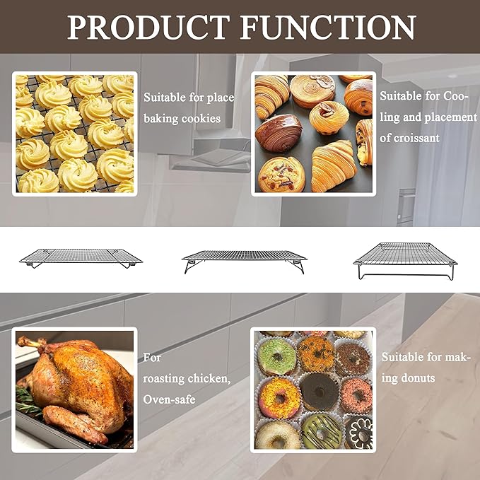 Set of 2 Cooling Racks with Folding Legs，for Cooking, Roasting, Drying, Rust-Resistant Non-Stick Cooling Grilling for Baking，17 x 11.2 inches，Black(2)