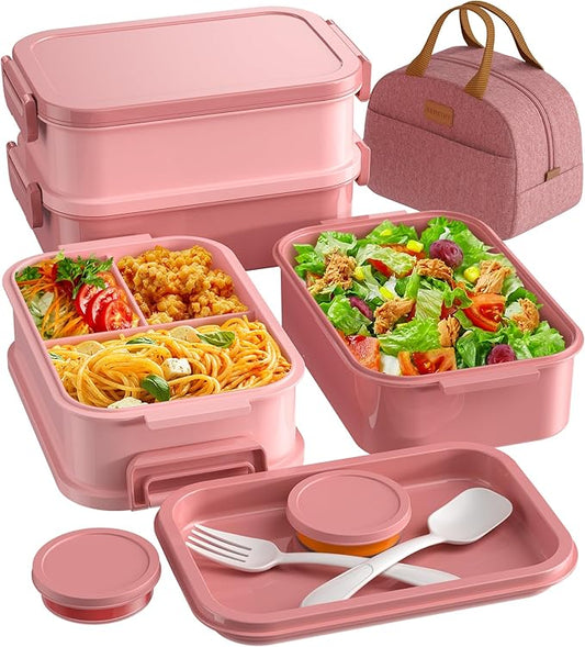 Adults Bento Lunch Box Set with Thermo Bag, 74oz Stackable Leak-proof 3-tiers Bento Box, Built-in Utensil and Sauce Container for Work, School, Dining Out (Pink)