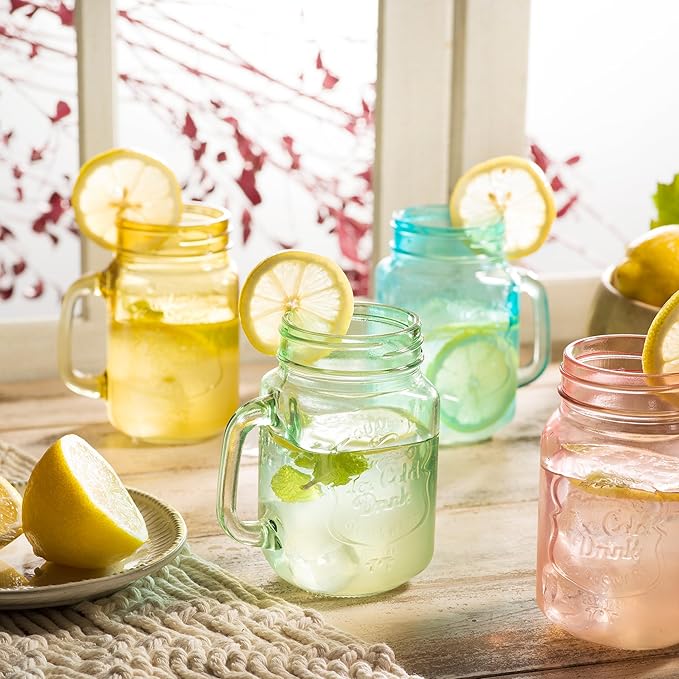 Glaver's Mason Jar Drinking Glasses Set Of 4, 15 oz. Colored Mugs With Embossed Ice-Cold Drinkware Logo, Glass Mason Jar Mug With Handle. For Smoothies, Cocktails, Beverages. Hand Wash