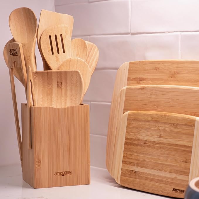 Joyce Chen 11-Piece Burnished Bamboo Cooking Utensil Set with Holder & Spoon Rest, Nonstick-Safe Spoons, Spatulas & Tongs