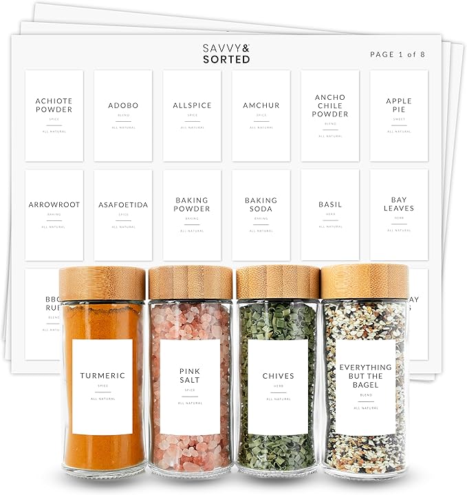 Minimalist Spice Labels for Glass Jars - 142 Spice Jar Labels Preprinted Waterproof, White Rectangle Herb Stickers, Seasoning Herb Containers Kitchen Pantry Organization