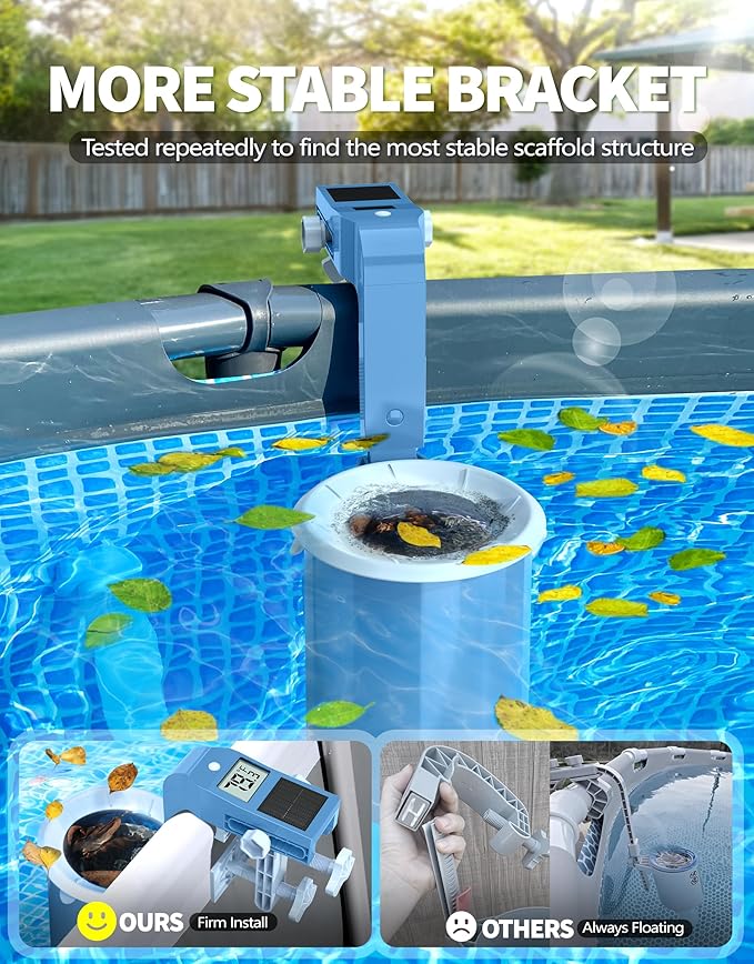 BluSwim [Patented] Above Ground Pool Skimmer with Solar Digital Thermometer | Wall Mount Surface Skimmer - Auto Skimming Pool Floating Debris | 2 Upgraded Bracket - Stable&Height Adjustable-Steel Blue