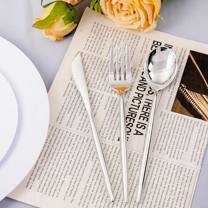 U-QE 120Pcs Silver Plastic Silverware, Luxury Plastic Cutlery, Heavy Weight Flatware, Silver Disposable Utensils Set Include 60 Forks, 30 Spoons, 30 Knives for Party