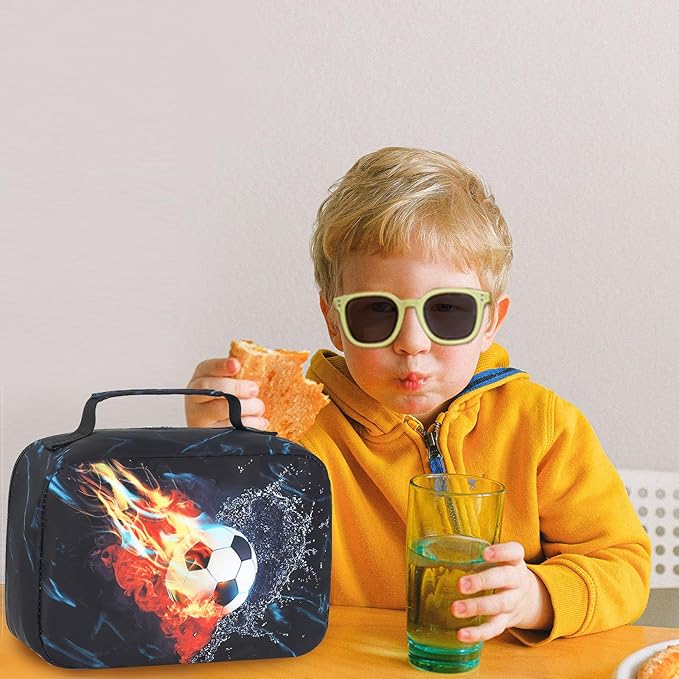 LEDAOU Lunch Bag Kids Insulated Lunch Box Boys Girls Insulated Reusable Lunch Bag for School Picnic Hiking (Soccer)