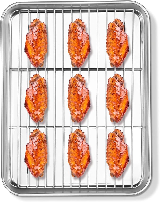 Homikit Baking Sheet with Wire Rack (1 Pan + 1 Rack), 10.5 x 8 Inches Stainless Steel Small Baking Pan with Cooling Rack, Metal Cookie Sheets Bacon Tray for Toaster Oven, Rust Free & Dishwasher Safe
