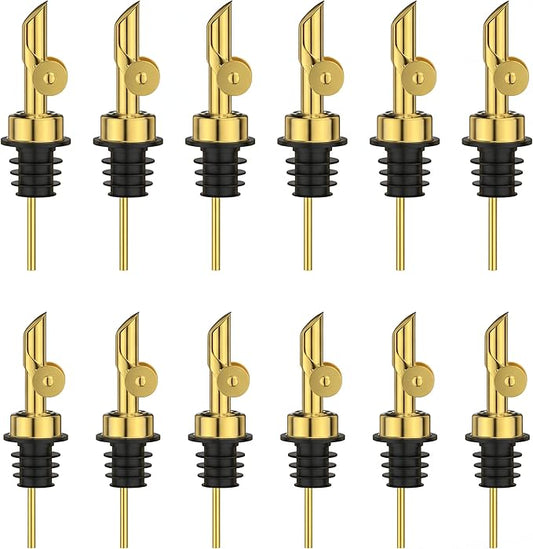 Auto Flip Liquor Pour Spouts 12-Pack, Leak-Proof 304 Stainless Steel Wine Pourer & Olive Oil Dispenser with Food-Grade Silicone for Kitchen, Bar, Restaurant (Gold)
