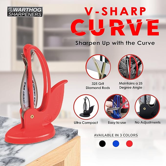 Warthog V-Sharp CURVE Professional Knife Sharpener System, 25 Degree Angle Knife Sharpener, 325 Grit Diamond Hones, Kitchen Tools, Easy to Use, Lightweight, No Adjustments, Ultra Compact, Red