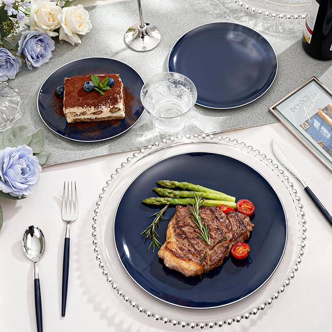 KIRE 175Pcs Blue Plastic Plates with Silver Rim & Disposable Silverware with Blue Handle & Silver-rim Cups & Hand Napkin & Plastic Dinnerware for Parties/Wedding/Passover