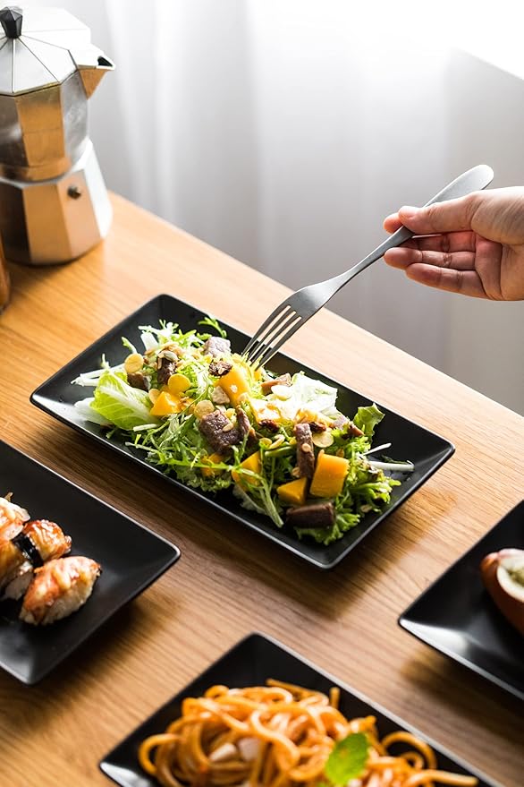 LAUCHUH Serving Platters, 10” Porcelain Serving Tray Sushi Plates Rectangular Platters for Christmas, Thanksgiving, Sushi, Dessert Cake, Appetizers, Meat, Set of 4, Black
