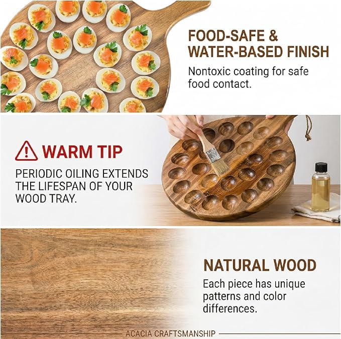 Okllen 24 Holes Round Acacia Wood Deviled Egg Platter with Handle, Deviled Egg Tray Holder for Easter, Gathering, Thanksgiving & Parties