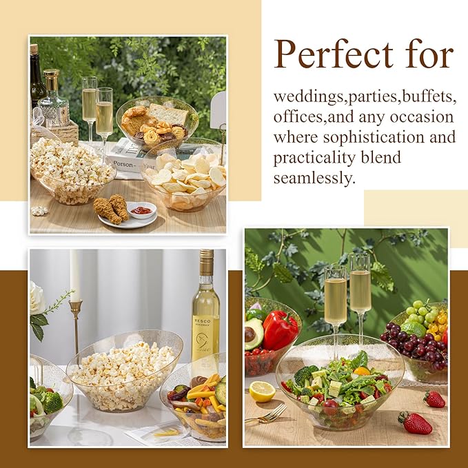 Liacere 16PCS Gold Plastic Serving Bowls - 54 OZ Angled Table Salad and Fruit Bowls Disposable for Chip & Candy - Ideal for Party & New Year