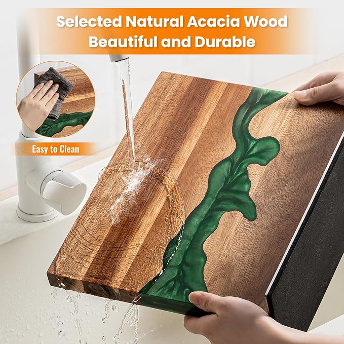 Magnetic Knife Block with Sharpening Stone and Stainless Steel Magnetic Knife Strip, Emojoy Double Side Magnetic Knife Holder, Acacia Wood Knife Block and Green Resin
