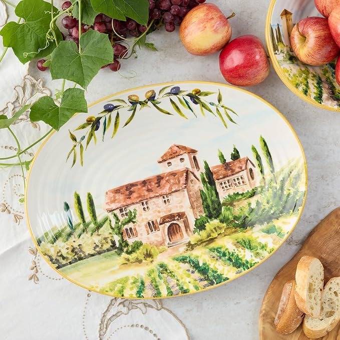Tuscany Oval Platter – 16” Stoneware Serving Dish Featuring Scenic Italian Countryside with Villas, Vineyards & Olive Groves – Ideal for Roasts, Antipasto & Entertaining Guests