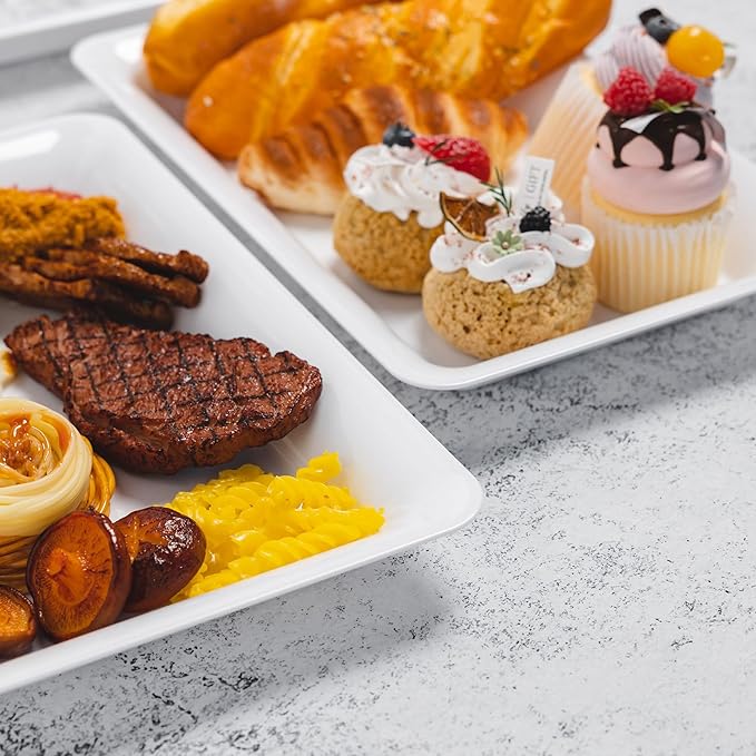 6-Pack 14" x 9" White Large Plastic Serving Trays, Reusable Serving Platters for Dessert, Fruit, Snacks, Cookies, Heavy Duty Food Serving Tray for Kitchen, Party