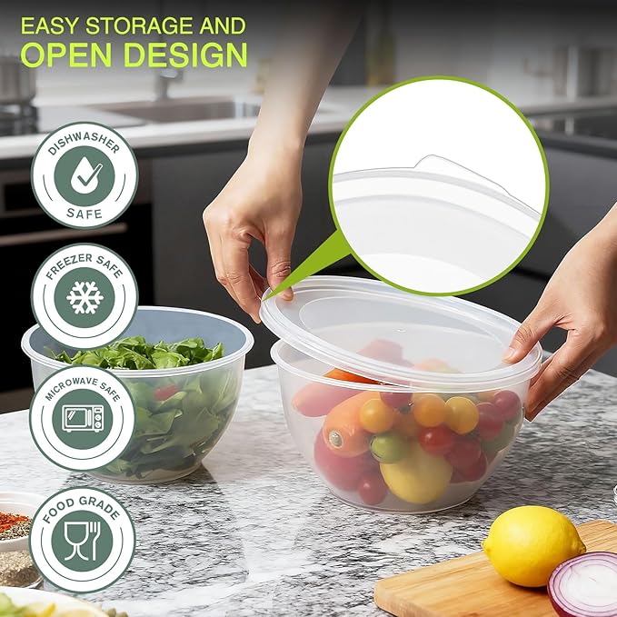 Plastic Mixing Bowls with Lids Set for Kitchen, Nesting Bowls for Mixing, Baking, Prepping, Cooking and Serving Food, Mixing Bowls Dishwasher, Microwave Safe (Clear)