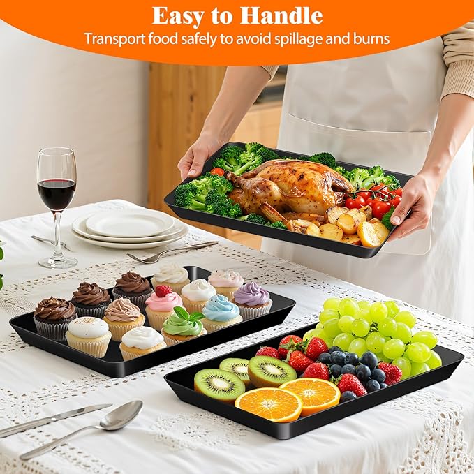6-Pack Serving Tray Set, Reusable Plastic Serving Platter for Party Supplies, Entertaining, Grilling Accessories, Stackable Kitchen Snack Box Container for Dessert, Fruit, Cookie, (Black)