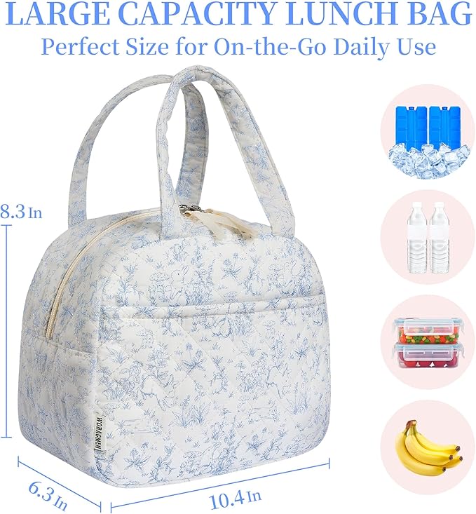 Quilted Lunch Box for Women,Coquette Aesthetic Lunch Box for Teen Girls,Cute Floral Lunch Bags for Work, School,Office,Picnic,Travel (blue floral rabbit)