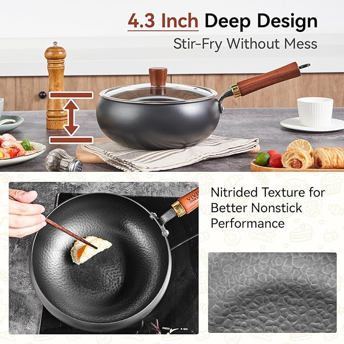 Carbon Steel Wok Pan with Lid, 9.4 Inch Big Belly Flat Bottom Wok, Coating-Free Stir Fry Pan for Gas, Electric, Ceramic & Induction, 3.5 QT Compact Wok for 1–3 Servings