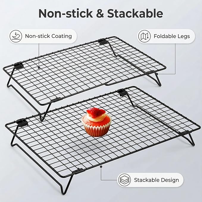 Cooling Racks for Cooking and Baking, 13.4x9.4 Inch 2-Pack This Durable Carbon Steel Wire Cooling Rack is Stackable, Ideal for Cookie Cooling, Roasting, and Making Jerky.
