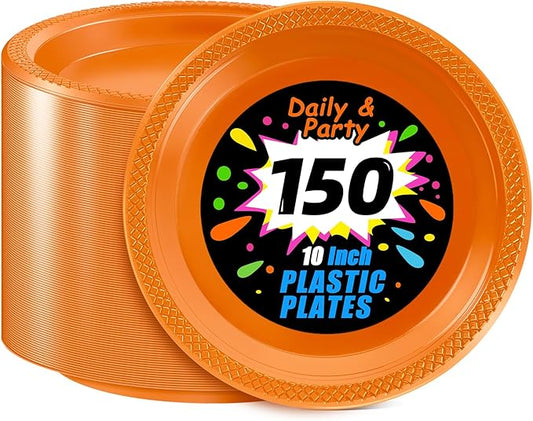 WELLIFE Orange Party Plates 10 Inch -150 Count, Plastic Disposable Dinner Plates for Party Easter Halloween Thanksgiving Picnic BBQ