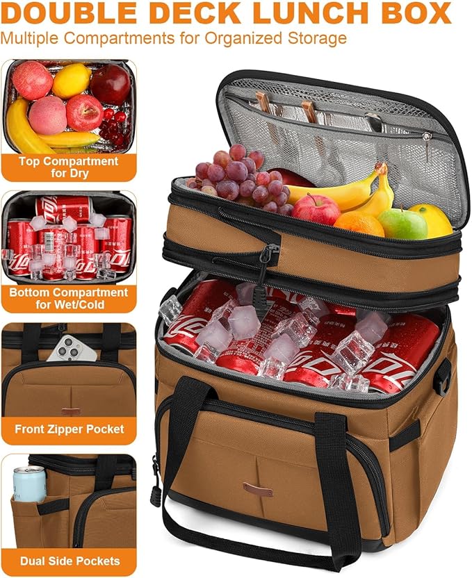 Lunch Box For Men Women Double Deck Insulated Lunch Bag For Men Woman Leakproof Expandable Cooler Bag with Adjustable Shoulder Strap for Kids Shool Work Picnic Camping(Brown,Large)