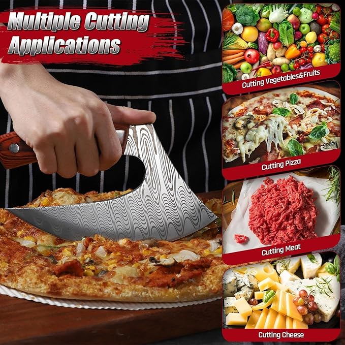 ROCOCO Pizza Cutter Ulu Knife – Full Tang Mezzaluna Rocker Chopper with Sheath for Kitchen, Camping, BBQ, Christmas Gifts Men Women