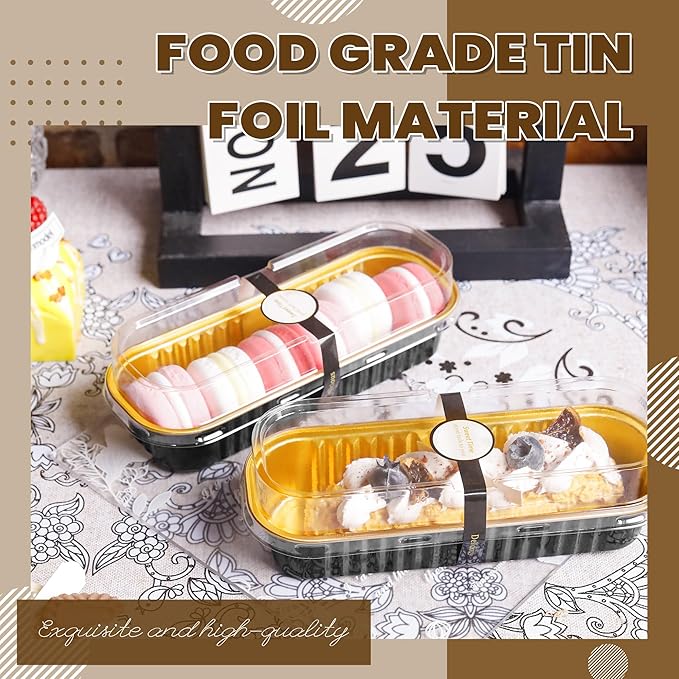 100 Pack Mini Loaf Pans with Lids Rectangle Individual Cake Pans Aluminum Foil Pans for Large Gatherings Picnics Vacations Parties(Black Gold, 6.8 OZ)