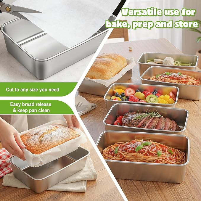 2 Packs 9×5 Inch Loaf Pans for Baking Bread, 304 Stainless Steel Loaf Bread Pan with Parchment Paper Liners, Metal Bakeware for Bread, Meatloaf, Cake & Brownies, Easy Release, Oven & Dishwasher Safe
