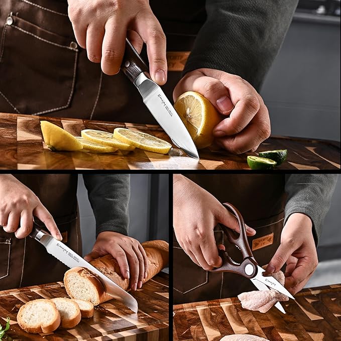 Knife Set，Emojoy 16-Piece Kitchen Knife Set with Block, Knife Block Set with Kitchen Shears and Sharpener, High Carbon German Steel(Natural Wenge)