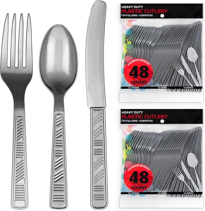 DecorRack Plastic Cutlery Set, Silver Colored Plastic Silverware Sets for Parties, 96 Piece Bulk Heavy Duty Utensils (Silver, 96 Pieces)