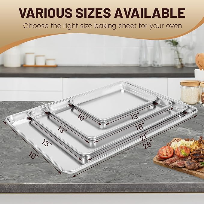 6 Pack Full Size Baking Sheet Pan Aluminum Commercial Pan for Oven Freezer Bakery Hotel Restaurant 26" × 18"