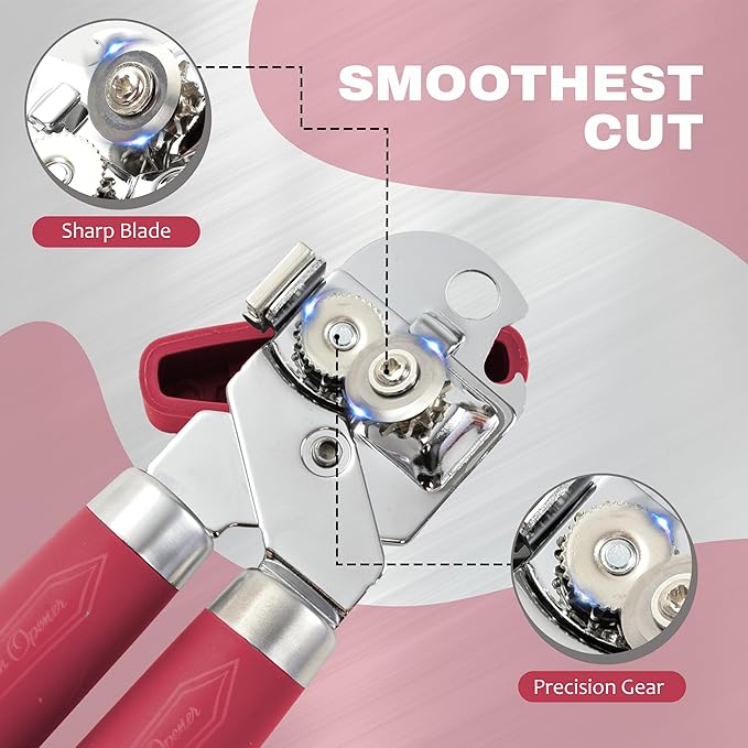 Manual Can Opener with Magnet, Heavy Duty Hand Can and Bottle Opener with Stainless Steel Blade and Rubber Grip, Smooth Cutting Hand Can Openers for Senior, Magnetic Lid Remover Kitchen Tool (Red)