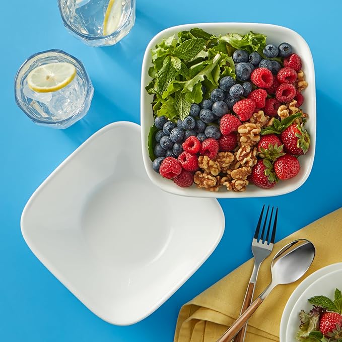 Corelle Vitrelle 2-PC Large 1-Qt Glass Serving Bowl, Crack and Chip Resistant, Square Serving Trays, White